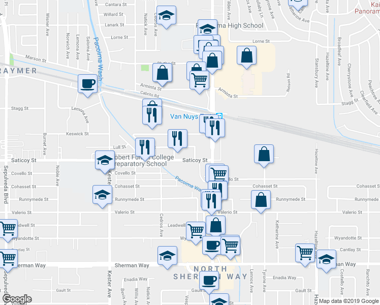 map of restaurants, bars, coffee shops, grocery stores, and more near 14547 Saticoy Street in Los Angeles