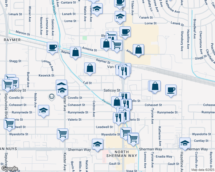 map of restaurants, bars, coffee shops, grocery stores, and more near 14547 Saticoy Street in Los Angeles