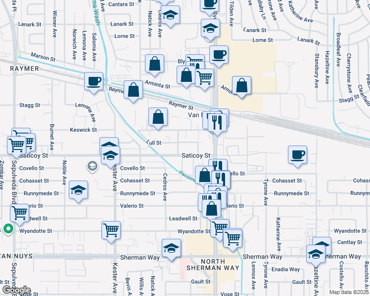map of restaurants, bars, coffee shops, grocery stores, and more near 7640 Tobias Avenue in Los Angeles