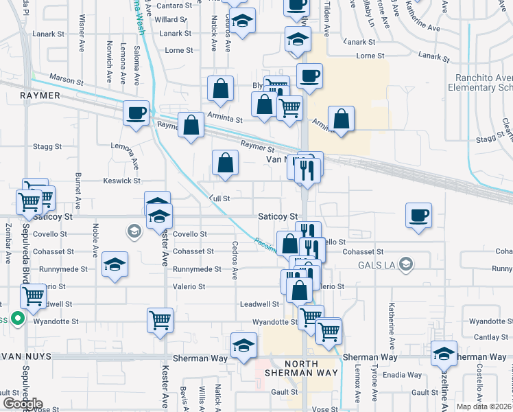 map of restaurants, bars, coffee shops, grocery stores, and more near 7640 Tobias Avenue in Los Angeles