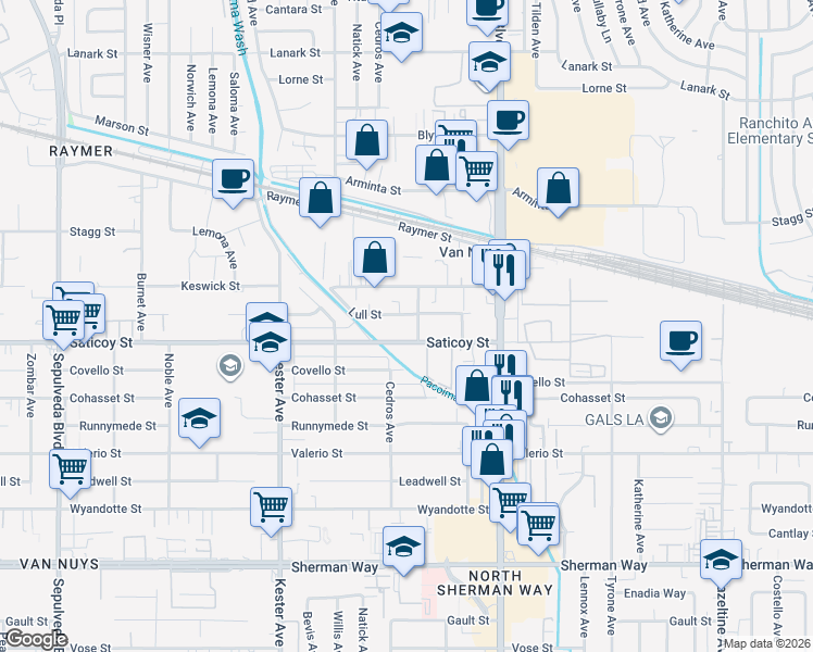 map of restaurants, bars, coffee shops, grocery stores, and more near 7640 Tobias Avenue in Los Angeles