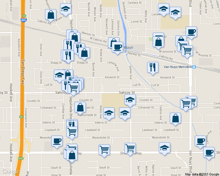 map of restaurants, bars, coffee shops, grocery stores, and more near 15045 Saticoy Street in Los Angeles