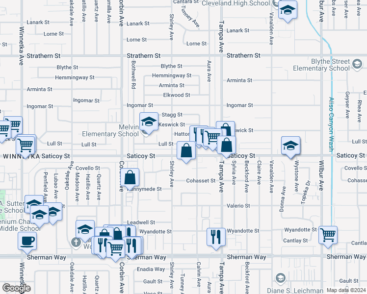 map of restaurants, bars, coffee shops, grocery stores, and more near 19436 Lull Street in Los Angeles