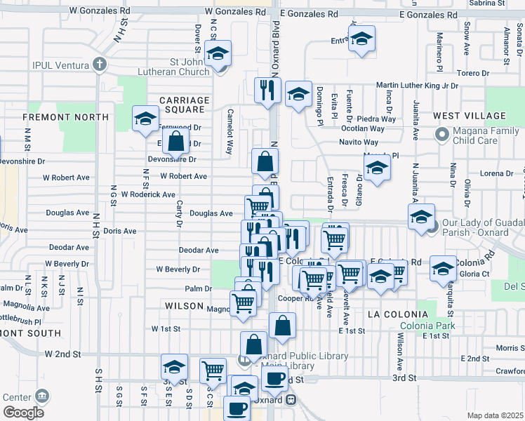 map of restaurants, bars, coffee shops, grocery stores, and more near 705 North Oxnard Boulevard in Oxnard