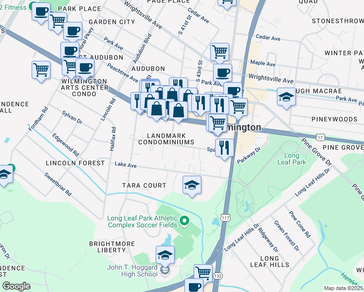 map of restaurants, bars, coffee shops, grocery stores, and more near 4204-4206 Spirea Dr in Wilmington