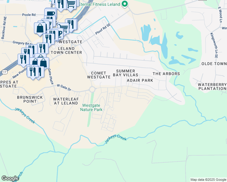 map of restaurants, bars, coffee shops, grocery stores, and more near 2896 Summer Townes Way in Leland