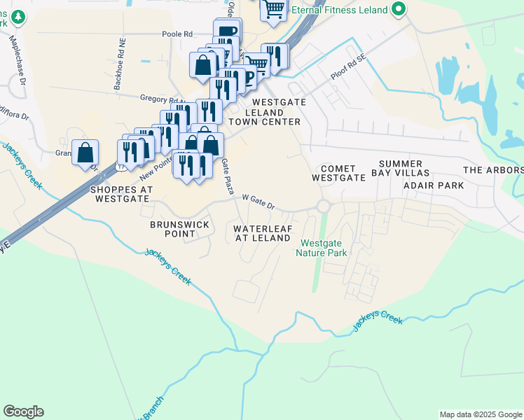 map of restaurants, bars, coffee shops, grocery stores, and more near 7418 Cordoba Circle in Leland