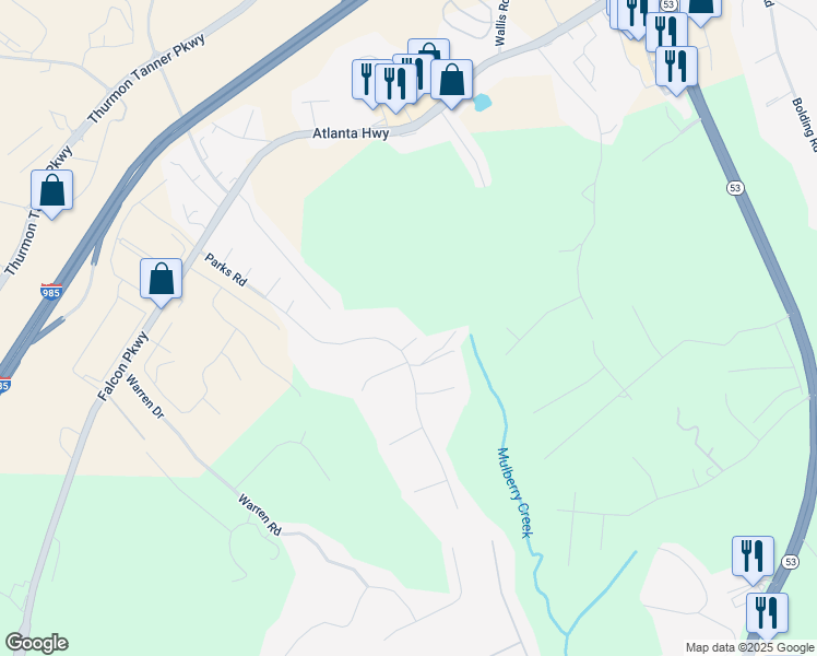 map of restaurants, bars, coffee shops, grocery stores, and more near 3989 Echo Point in Flowery Branch