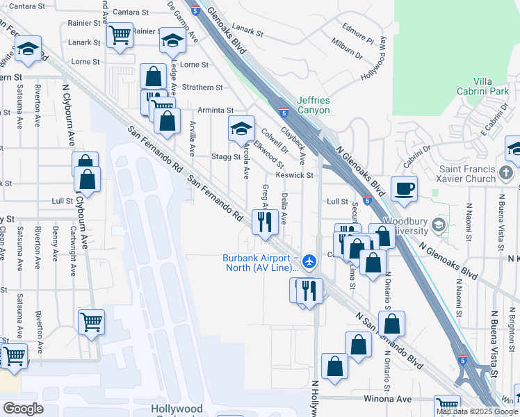 map of restaurants, bars, coffee shops, grocery stores, and more near 7607 Greg Avenue in Los Angeles