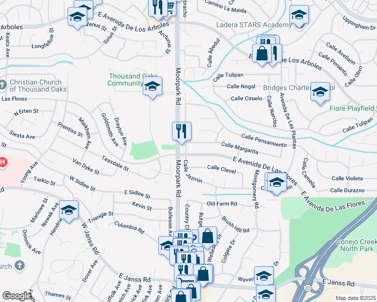 map of restaurants, bars, coffee shops, grocery stores, and more near 615 East Avenida De Las Flores in Thousand Oaks