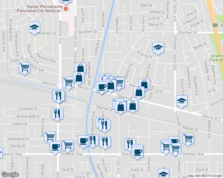 map of restaurants, bars, coffee shops, grocery stores, and more near 7623 Fulton Avenue in Los Angeles