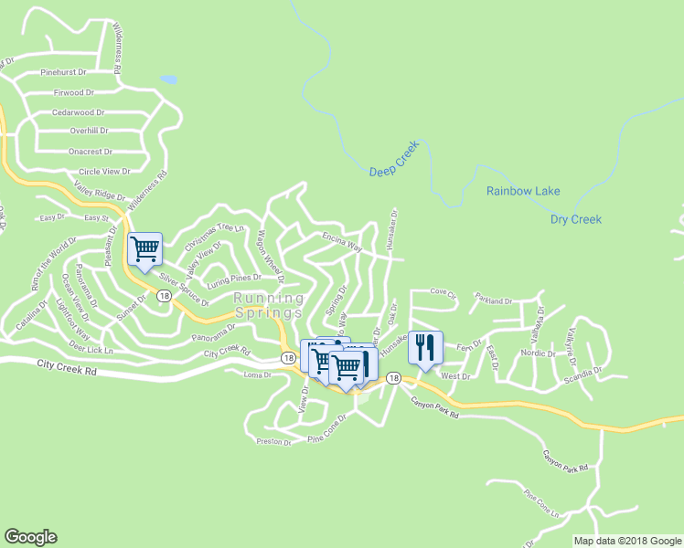 map of restaurants, bars, coffee shops, grocery stores, and more near 2462 Spring Drive in Running Springs