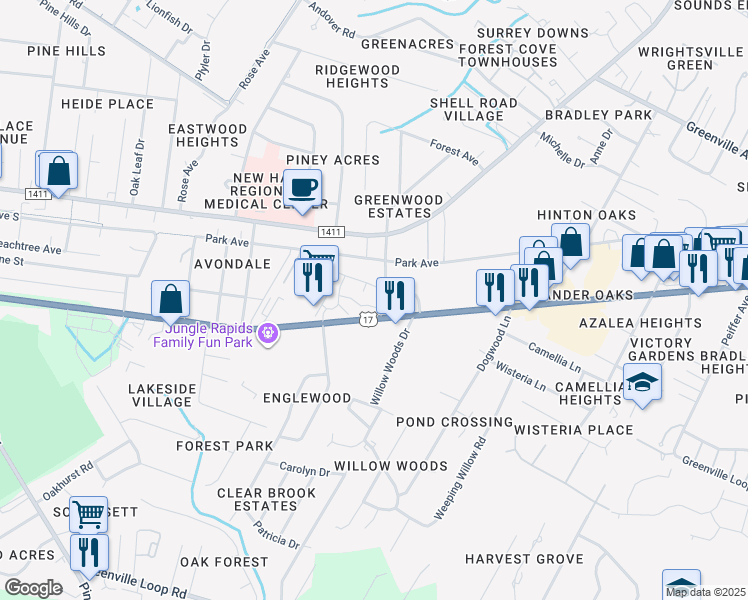 map of restaurants, bars, coffee shops, grocery stores, and more near 5429 Oleander Drive in Wilmington