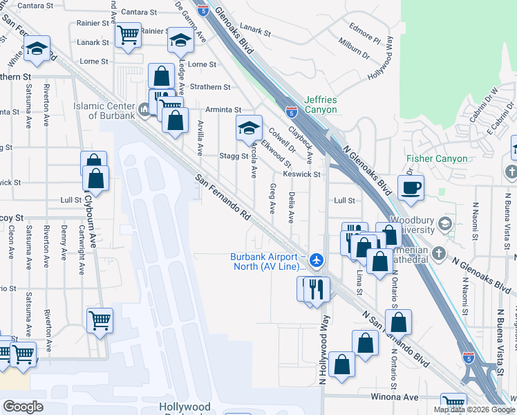 map of restaurants, bars, coffee shops, grocery stores, and more near 7542 San Fernando Road in Los Angeles