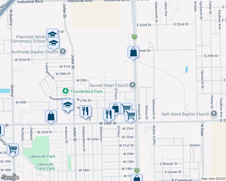 map of restaurants, bars, coffee shops, grocery stores, and more near 602 West 28th in Plainview