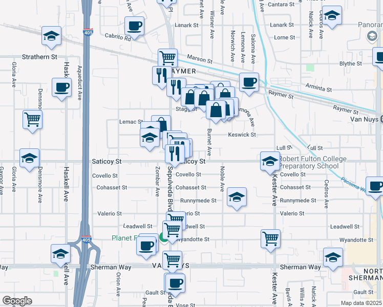 map of restaurants, bars, coffee shops, grocery stores, and more near 7611 North Courage Way in Los Angeles