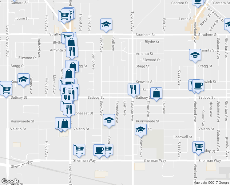 map of restaurants, bars, coffee shops, grocery stores, and more near 7615 Farmdale Ave in Los Angeles