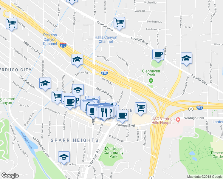 map of restaurants, bars, coffee shops, grocery stores, and more near 2200 Del Mar Road in La Crescenta-Montrose