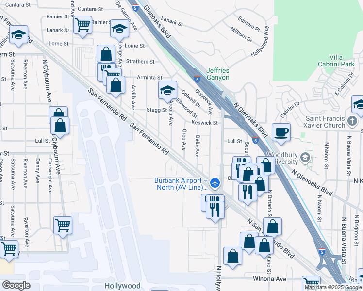 map of restaurants, bars, coffee shops, grocery stores, and more near 7607 Greg Avenue in Los Angeles