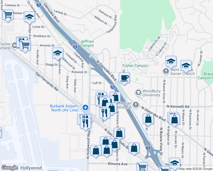 map of restaurants, bars, coffee shops, grocery stores, and more near 7611 Bloomington Avenue in Burbank