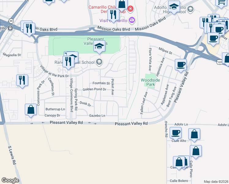 map of restaurants, bars, coffee shops, grocery stores, and more near 3806 Golden Pond Drive in Camarillo