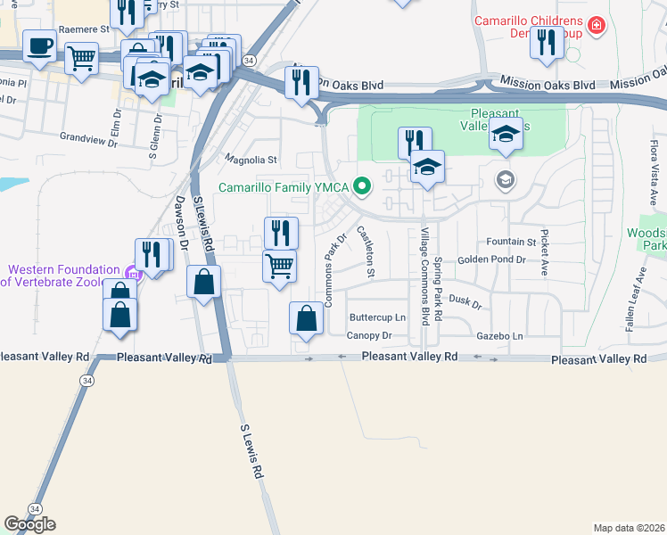 map of restaurants, bars, coffee shops, grocery stores, and more near 380 Commons Park Drive in Camarillo