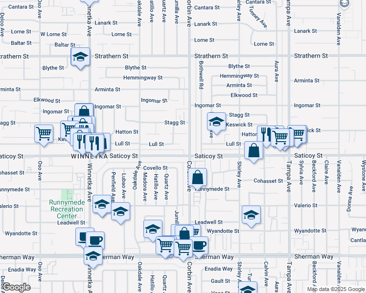 map of restaurants, bars, coffee shops, grocery stores, and more near 19704 Lull Street in Los Angeles