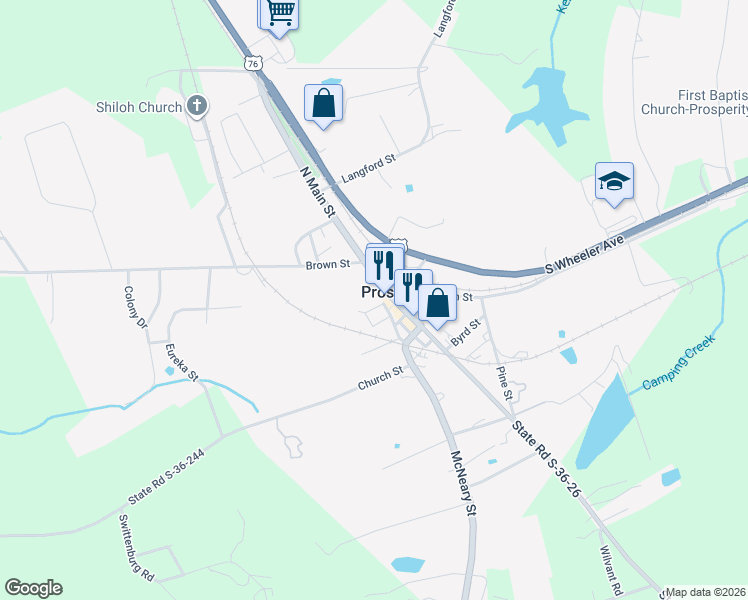 map of restaurants, bars, coffee shops, grocery stores, and more near 117 North Main Street in Prosperity