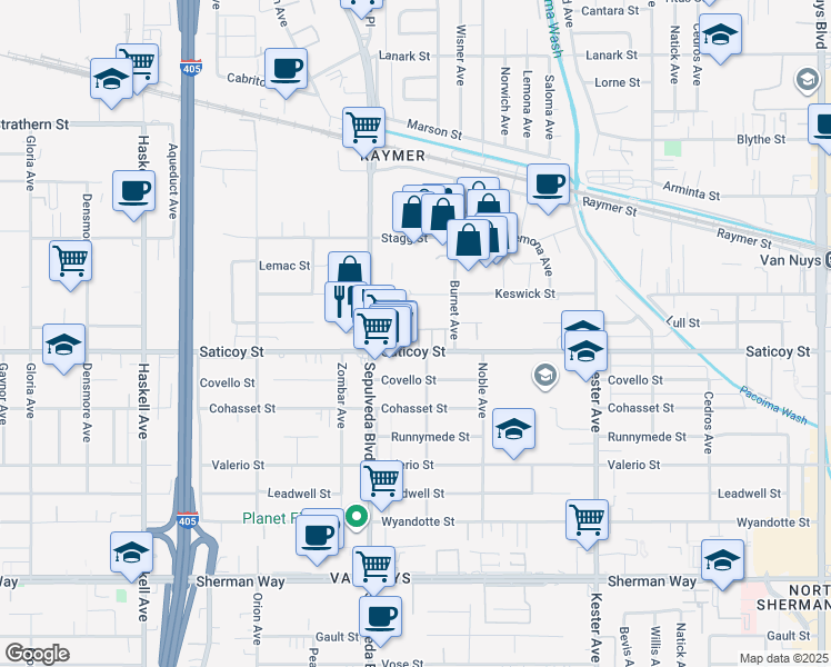 map of restaurants, bars, coffee shops, grocery stores, and more near 7611 North Courage Way in Los Angeles