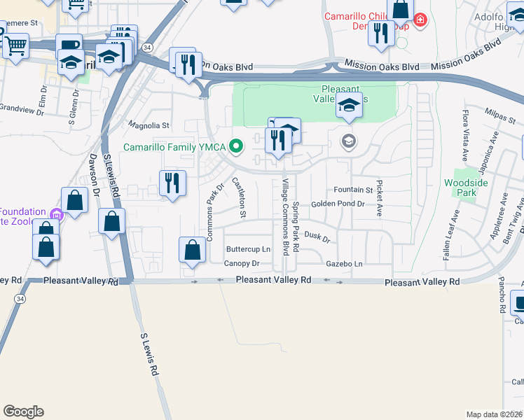 map of restaurants, bars, coffee shops, grocery stores, and more near 412 Twilight Court in Camarillo