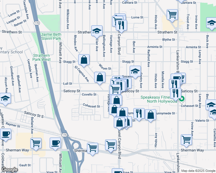map of restaurants, bars, coffee shops, grocery stores, and more near 7617 Lily Way in Los Angeles