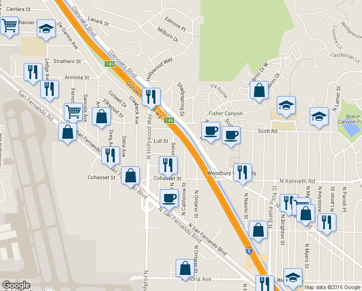 map of restaurants, bars, coffee shops, grocery stores, and more near 7611 Bloomington Avenue in Burbank