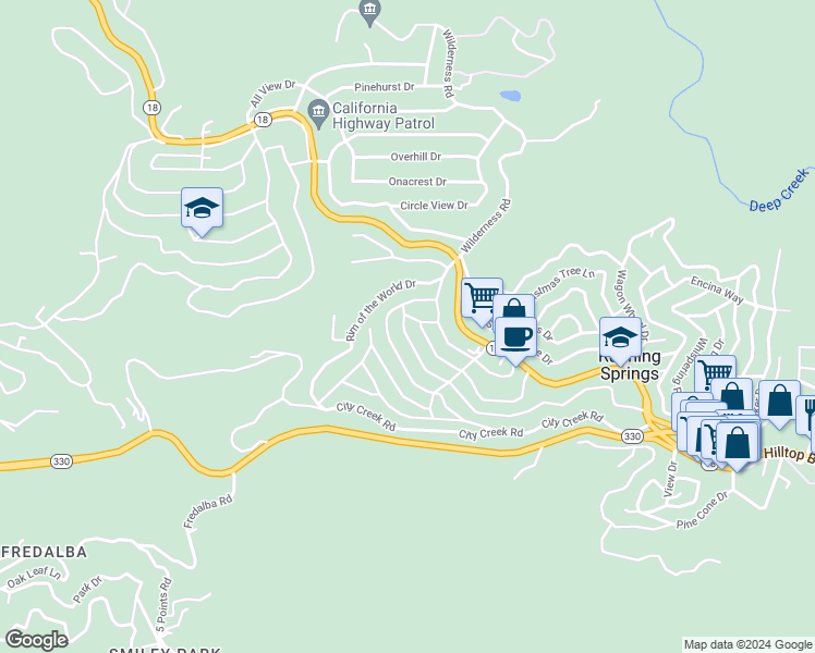 map of restaurants, bars, coffee shops, grocery stores, and more near 31414 Panorama Drive in Running Springs