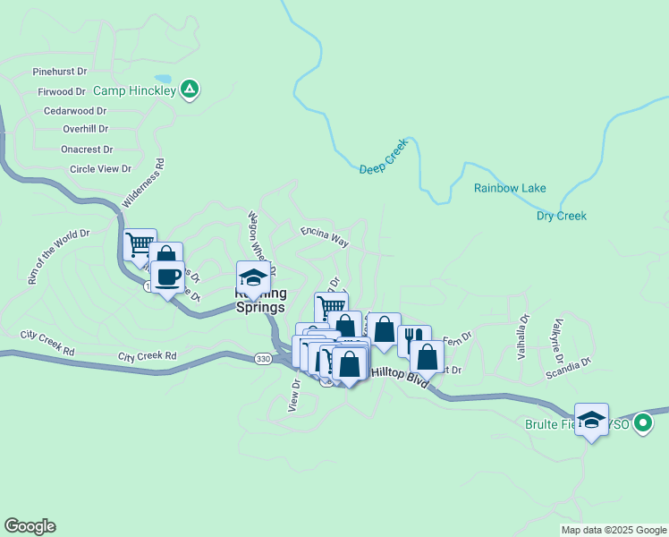 map of restaurants, bars, coffee shops, grocery stores, and more near 2462 Spring Drive in Running Springs