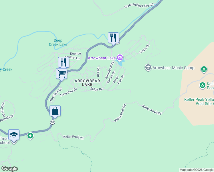 map of restaurants, bars, coffee shops, grocery stores, and more near 2445 Spruce Drive in Running Springs