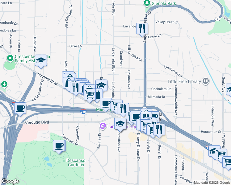 map of restaurants, bars, coffee shops, grocery stores, and more near 4630 La Canada Boulevard in La Cañada Flintridge