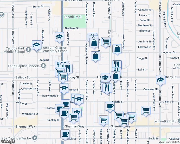 map of restaurants, bars, coffee shops, grocery stores, and more near 7628 Owensmouth Avenue in Los Angeles