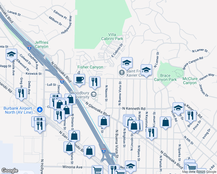 map of restaurants, bars, coffee shops, grocery stores, and more near 3123 North Naomi Street in Burbank