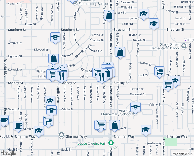 map of restaurants, bars, coffee shops, grocery stores, and more near 17800 Lull Street in Los Angeles