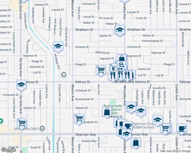 map of restaurants, bars, coffee shops, grocery stores, and more near 20317 Saticoy Street in Los Angeles