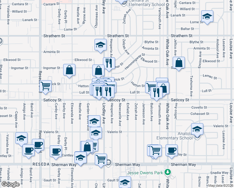 map of restaurants, bars, coffee shops, grocery stores, and more near 18008 Lull Street in Los Angeles