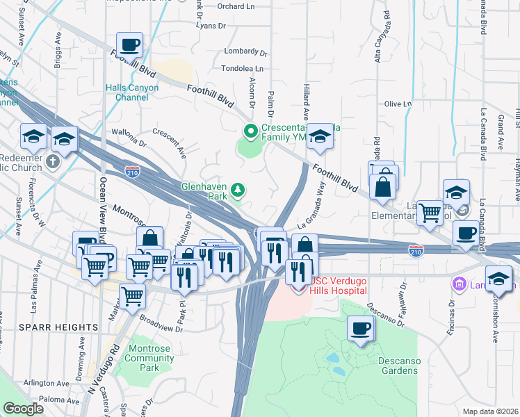 map of restaurants, bars, coffee shops, grocery stores, and more near 4337 Vista Place in La Cañada Flintridge