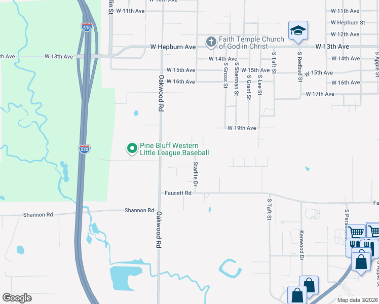map of restaurants, bars, coffee shops, grocery stores, and more near 1916 Starlite Drive in Pine Bluff