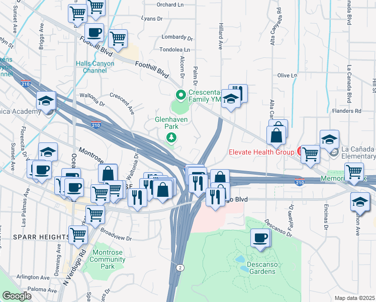 map of restaurants, bars, coffee shops, grocery stores, and more near 4337 Vista Place in La Cañada Flintridge