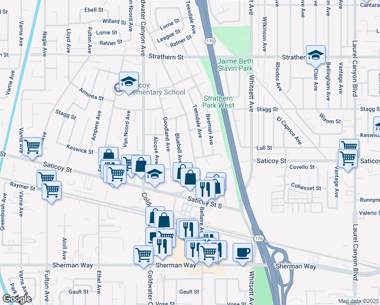 map of restaurants, bars, coffee shops, grocery stores, and more near 7625 Bellaire Avenue in Los Angeles