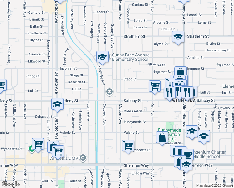 map of restaurants, bars, coffee shops, grocery stores, and more near 20503 Lull Street in Los Angeles