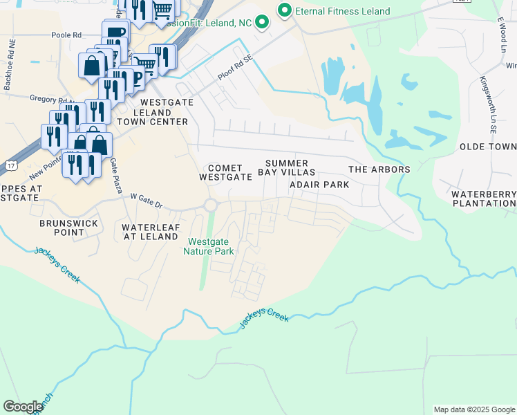 map of restaurants, bars, coffee shops, grocery stores, and more near 2909 Shoals Point Way in Leland