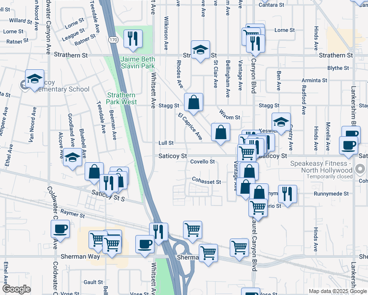 map of restaurants, bars, coffee shops, grocery stores, and more near 7611 Shadyglade Avenue in Los Angeles