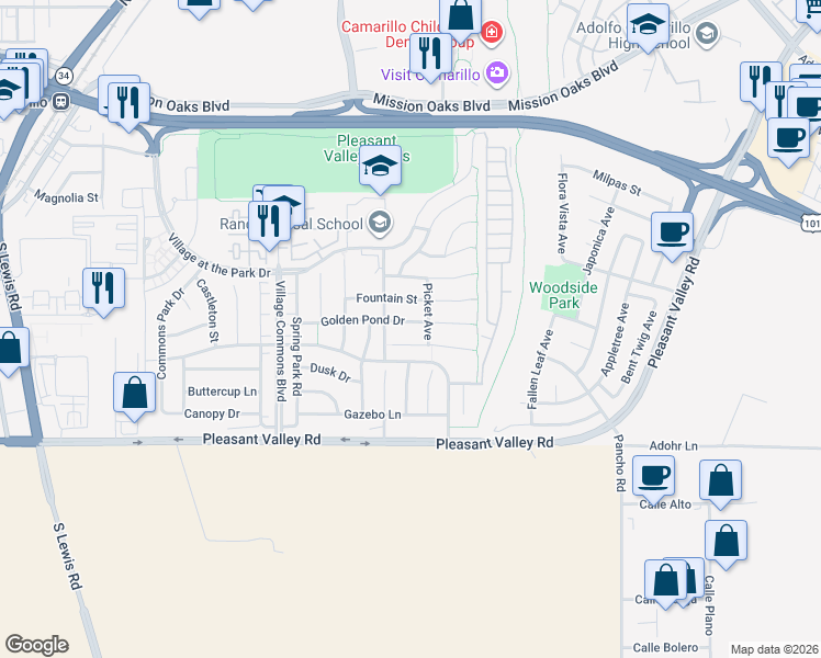 map of restaurants, bars, coffee shops, grocery stores, and more near 3756 Golden Pond Drive in Camarillo