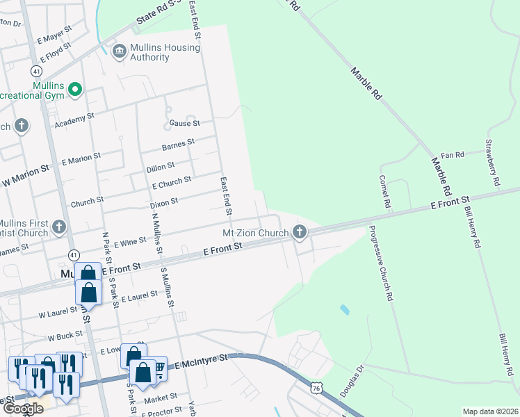 map of restaurants, bars, coffee shops, grocery stores, and more near 3604 Hayes Street in Mullins